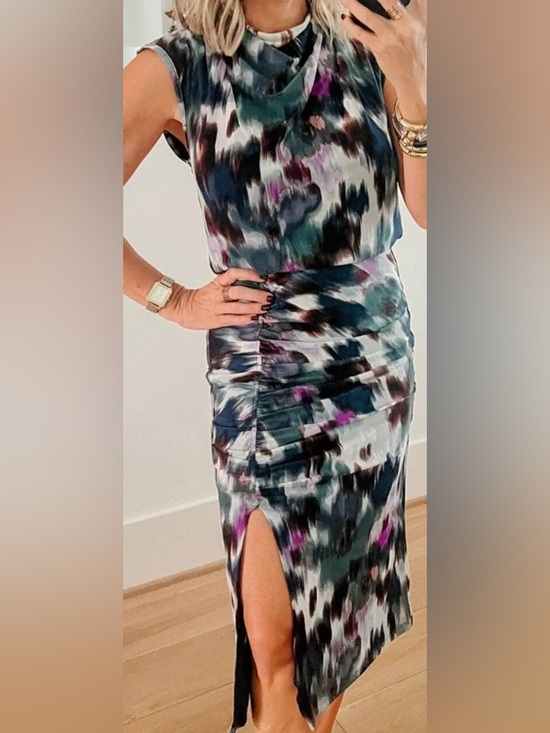 Evereve Dresses & Skirts - EVEREVE Ruched Abstract Print Midi Dress Mock Neck Stretch Dress Small